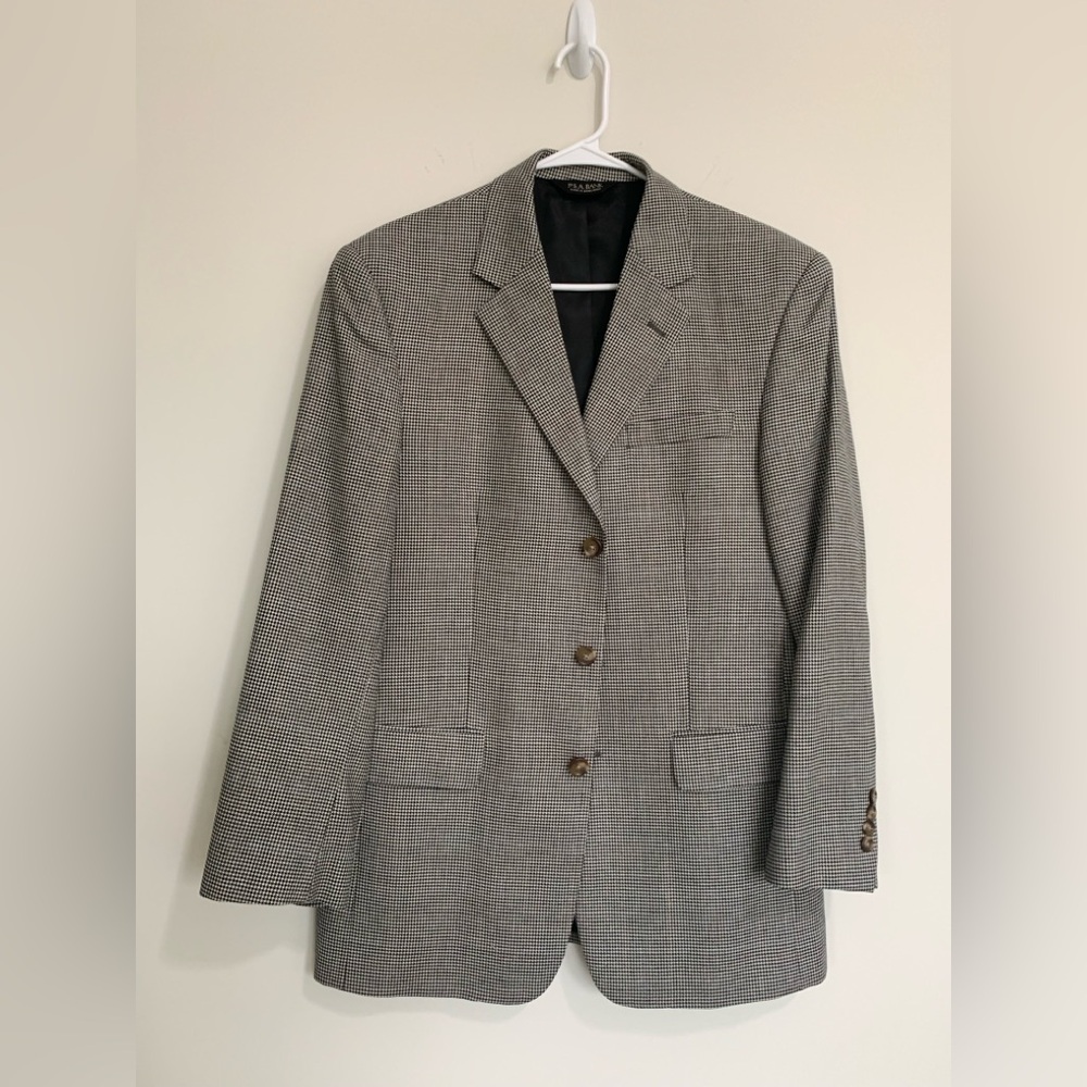 BN13 Jos. A. Bank Sport Coat Mens‎ 40R Black White Houndstooth Silk Wool Blazer